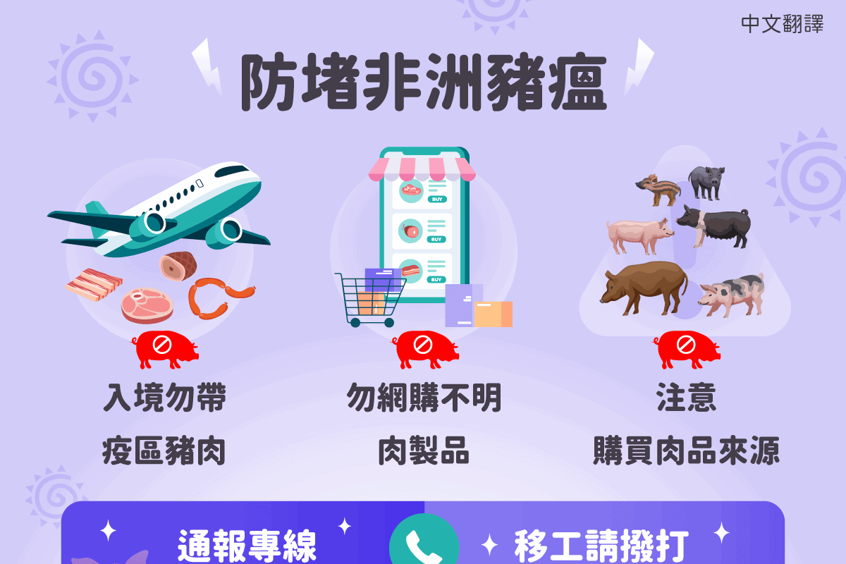 移工宣導｜防堵非洲豬瘟(宣導)-多國語示意圖