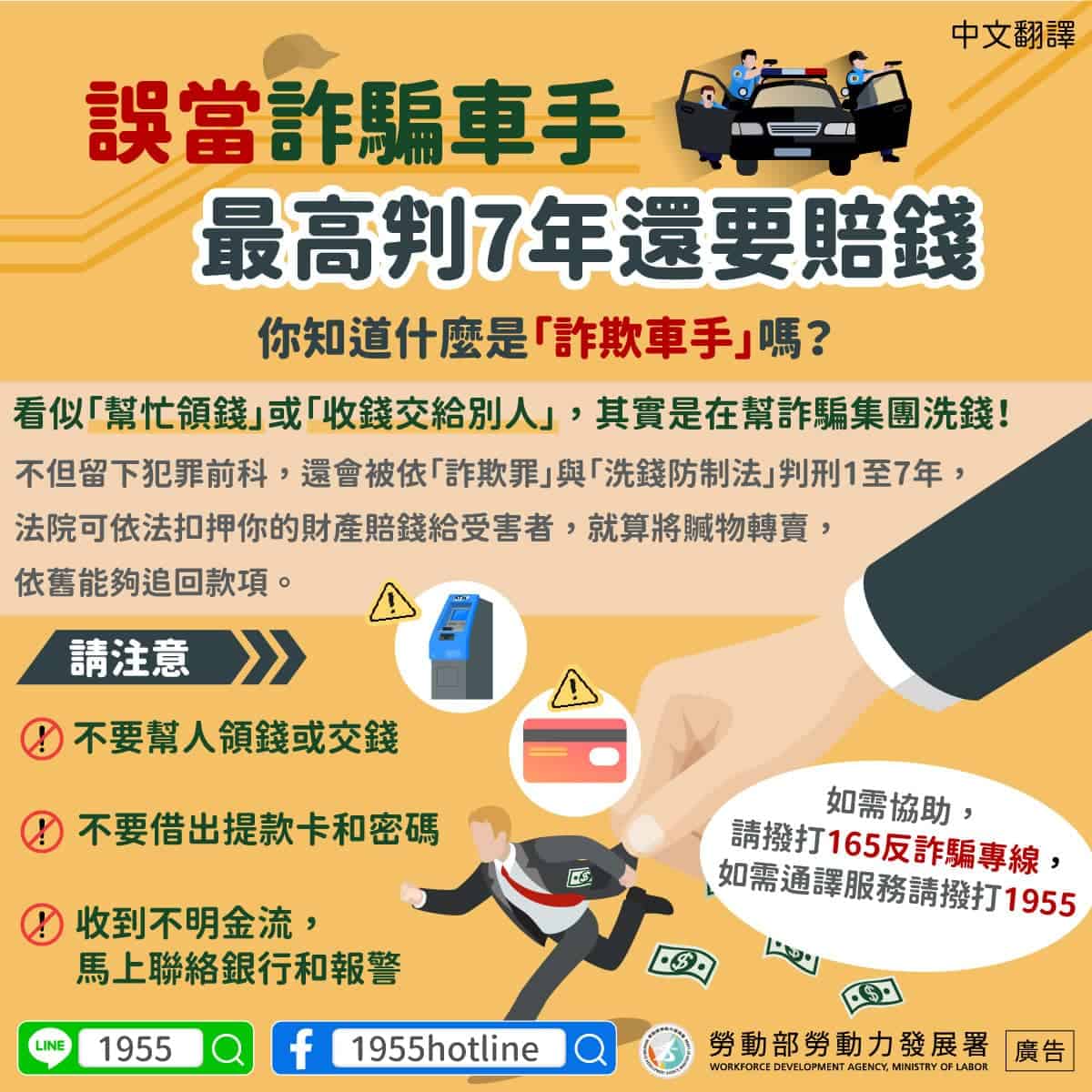 移工宣導｜誤當詐騙車手，最高判7年還要賠錢(詐騙)-多國語示意圖