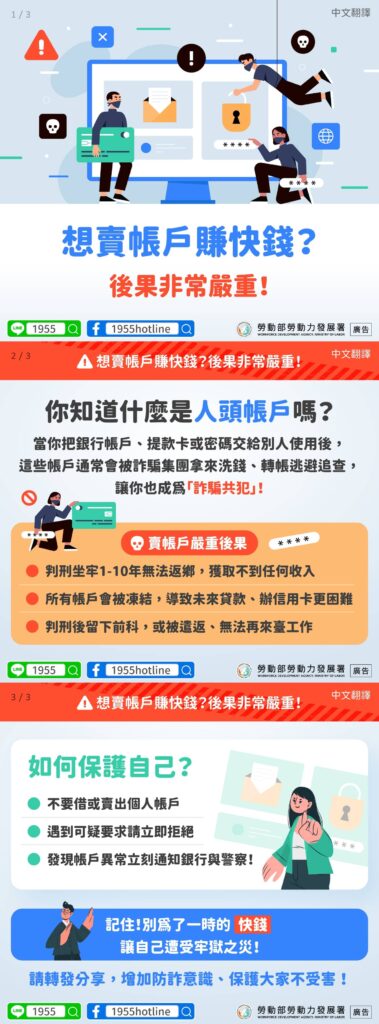 移工宣導｜想賣帳戶賺快錢？後果非常嚴重！(詐騙)-多國語示意圖