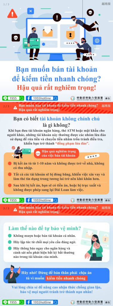 移工宣導｜想賣帳戶賺快錢？後果非常嚴重！(詐騙)-多國語示意圖
