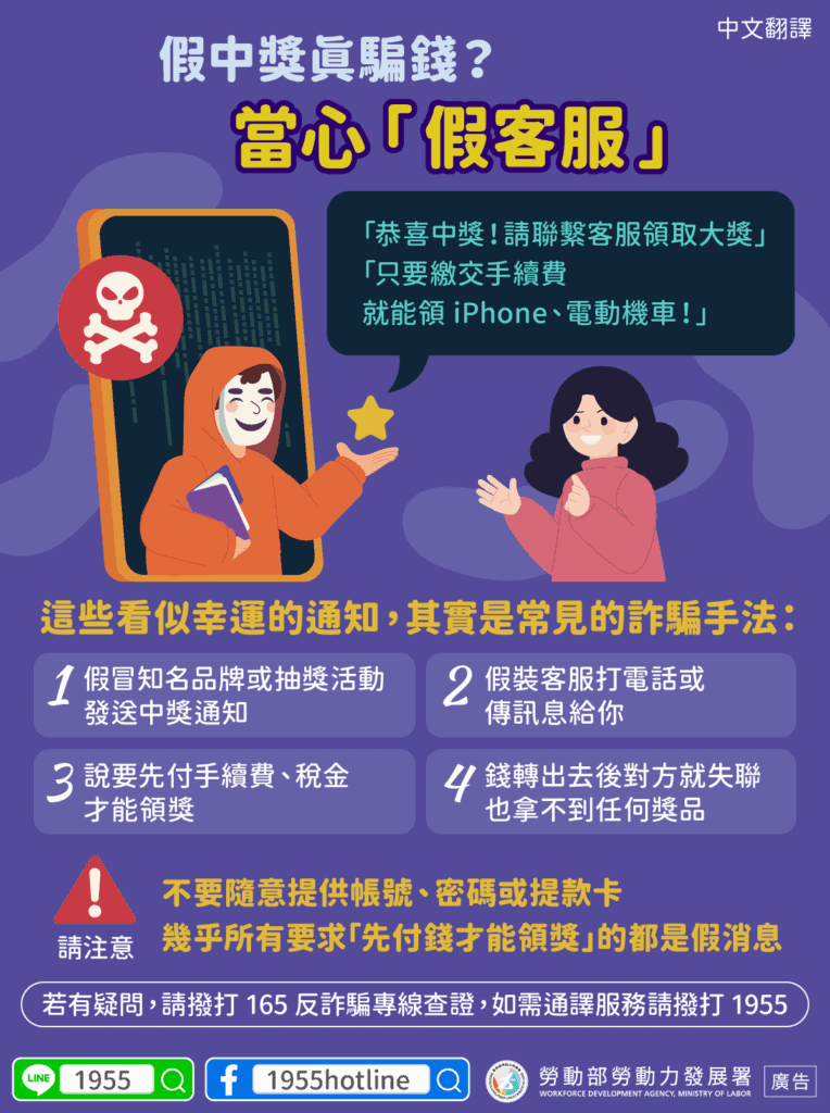 移工宣導｜假中獎真騙錢？當心「假客服」(詐騙)-多國語示意圖