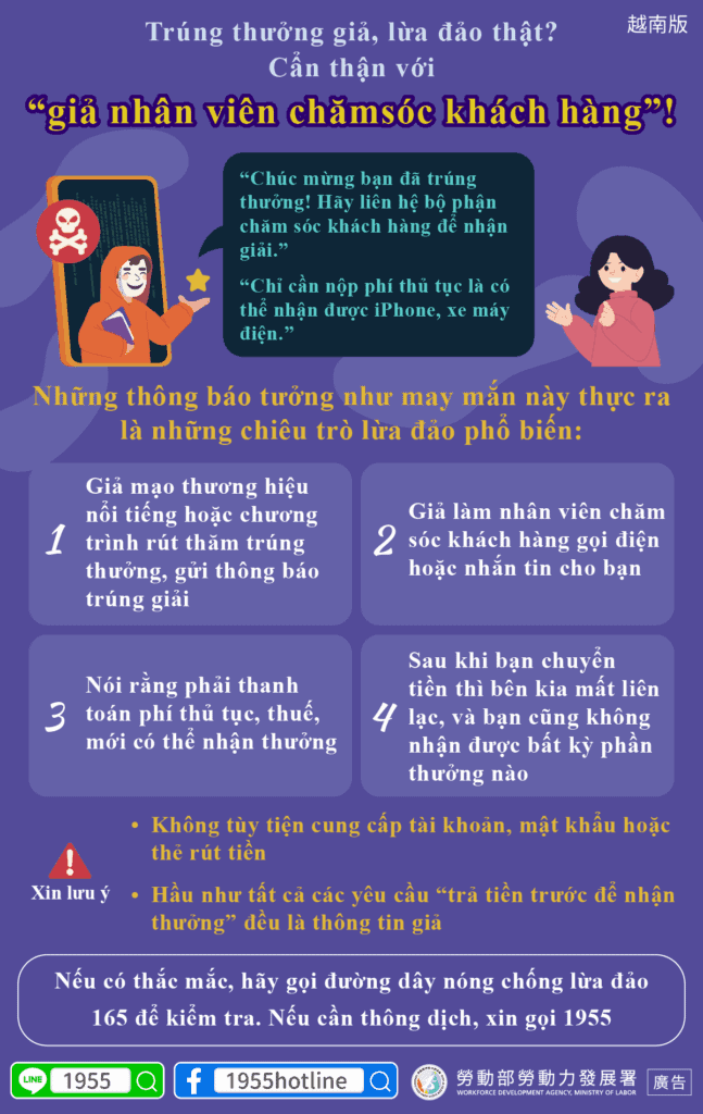 移工宣導｜假中獎真騙錢？當心「假客服」(詐騙)-多國語示意圖