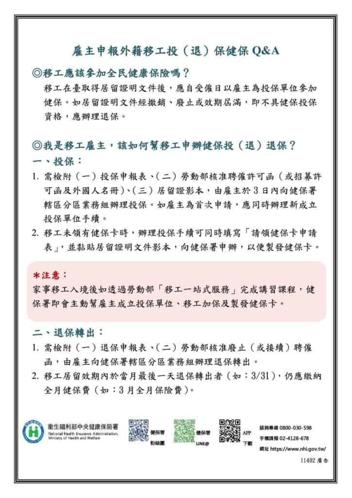 外籍移工｜雇主申報移工健保投（退）保QA示意圖