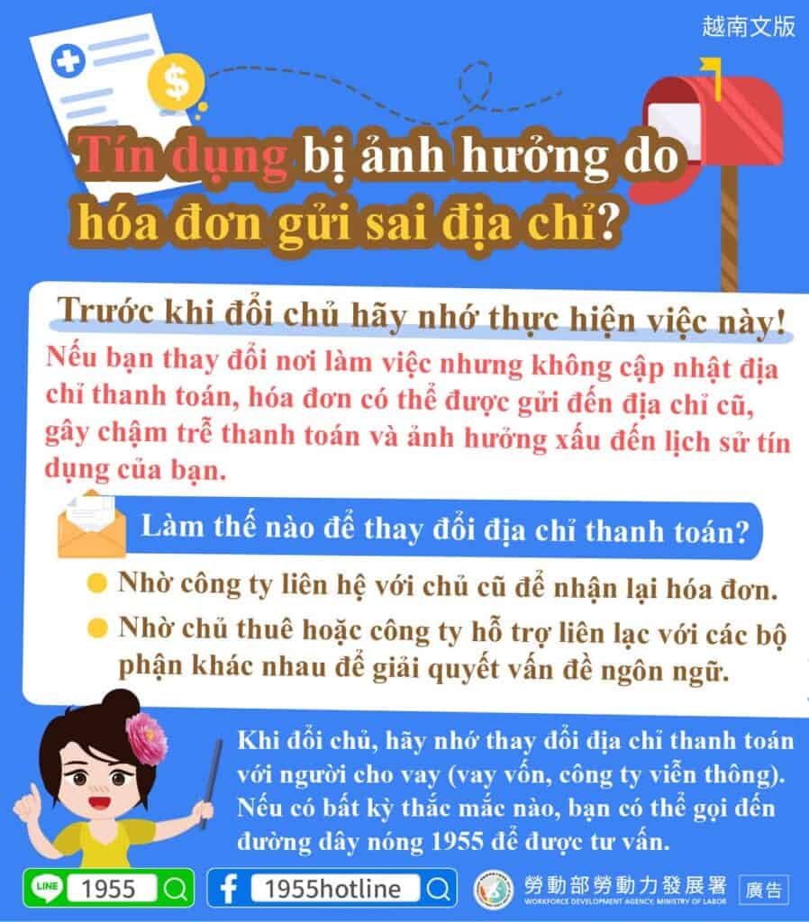 移工宣導｜帳單寄錯導致信用被影響？轉換雇主前請記得這樣做！(生活)-多國語示意圖