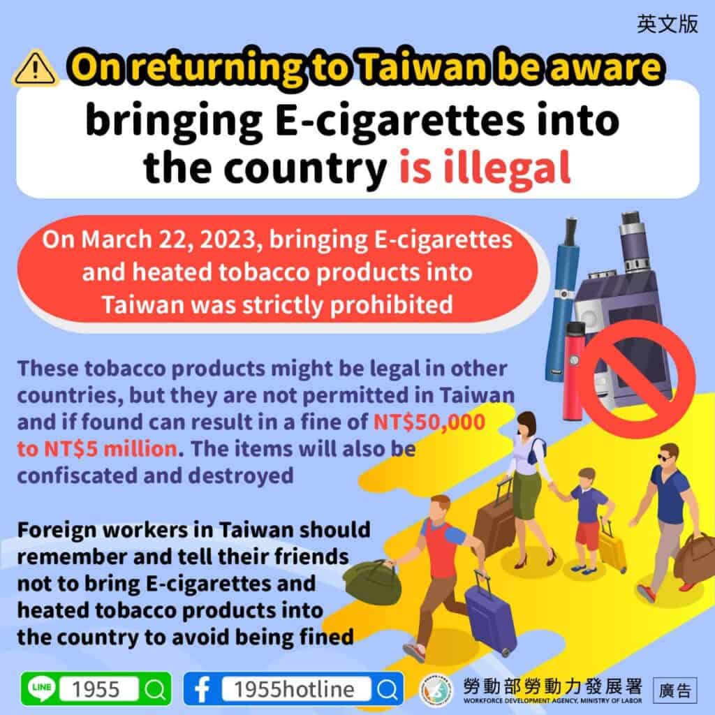 移工宣導｜回臺入境要注意！攜帶電子煙是違法行為-多國語示意圖