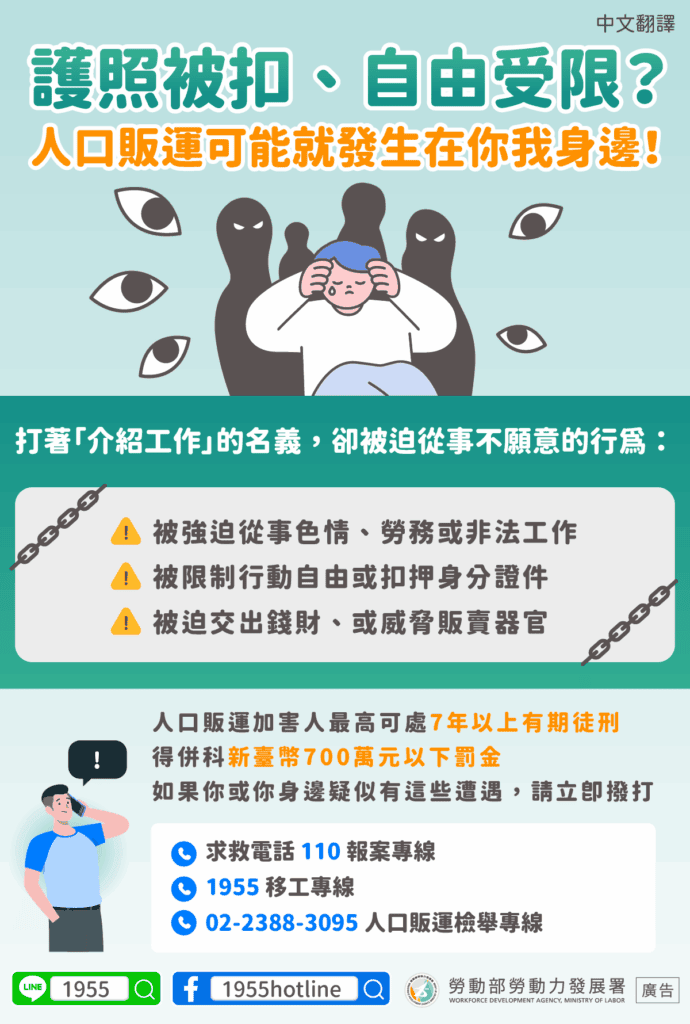 移工宣導｜護照被扣、自由受限？人口販運可能就發生在你我身邊！(宣導)-多國語示意圖