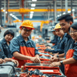 工廠工作人員合作進行電器維修與裝配，展現專業技能與團隊合作精神。.