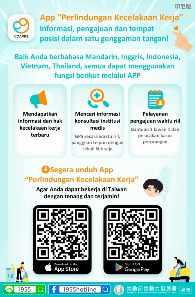 移工宣導｜「職災守護」App，資訊、申請、定位一手掌握！(勞權)-多國語示意圖