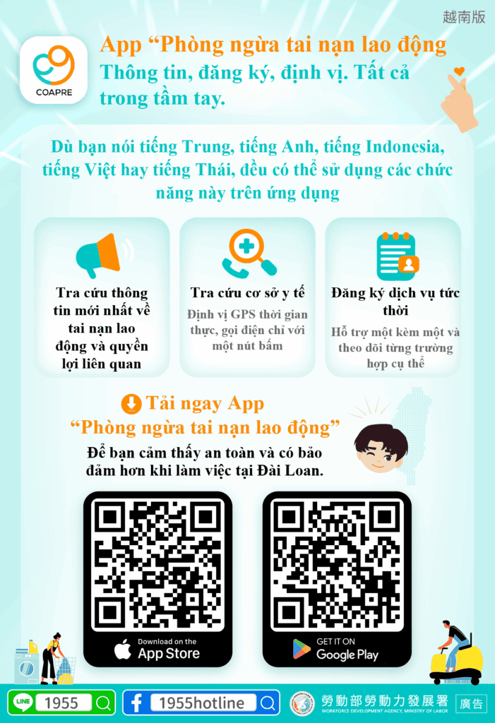 移工宣導｜「職災守護」App，資訊、申請、定位一手掌握！(勞權)-多國語示意圖