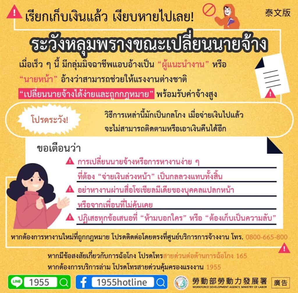 移工宣導｜先收錢、後失聯！轉換雇主陷阱要提防-多國語示意圖