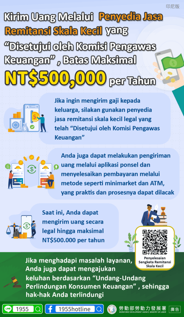移工宣導｜透過「金融監督管理委員會核准」的合法小額匯兌業者匯錢，一年最多50萬！-多國語示意圖
