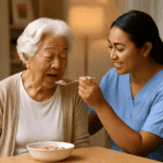 營養照護外勞協助照顧長者的溫馨畫面.