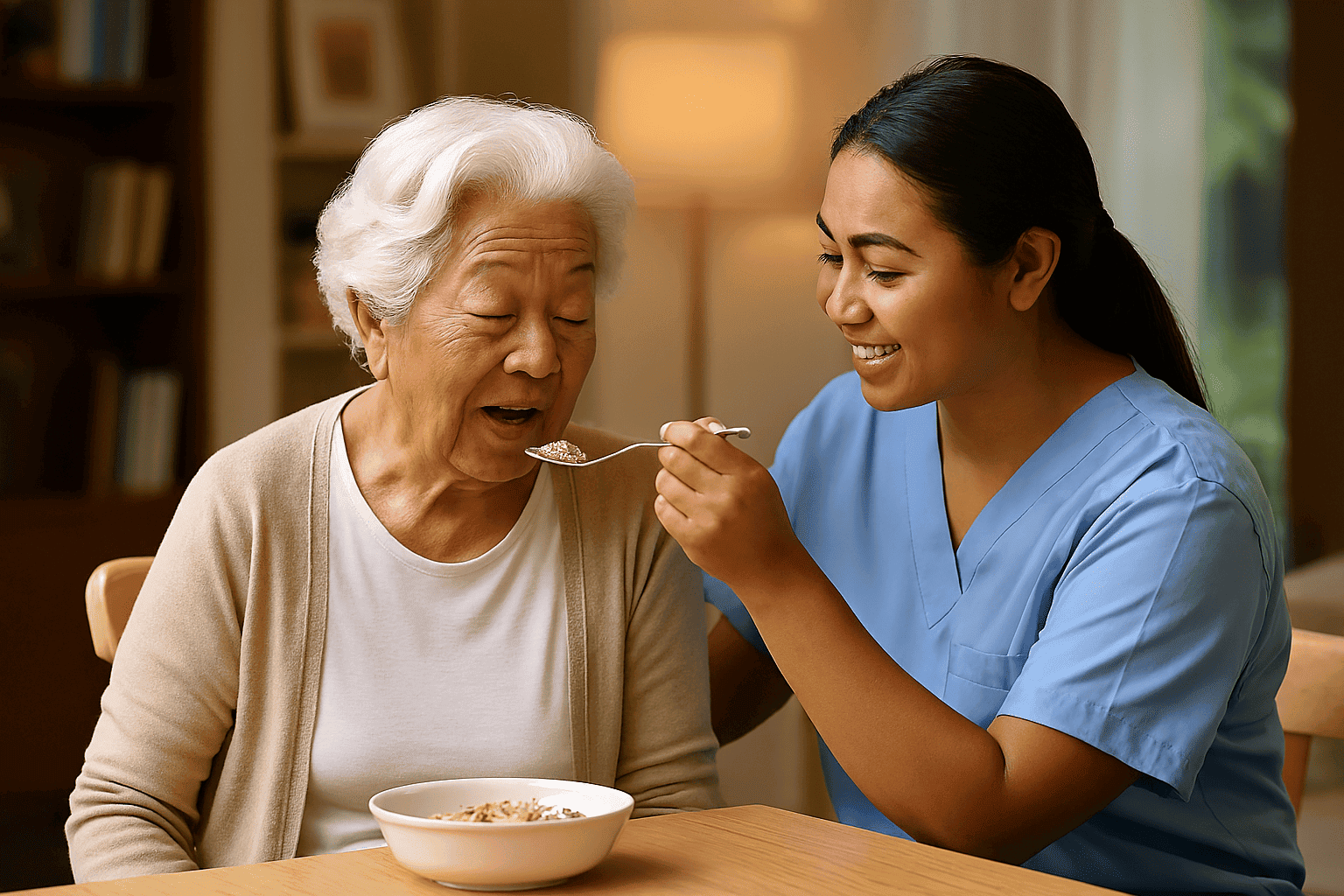 營養照護外勞協助照顧長者的溫馨畫面.