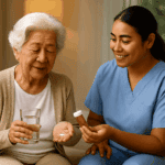 服藥輔助的醫護嫂子照顧老人飲水及藥物.