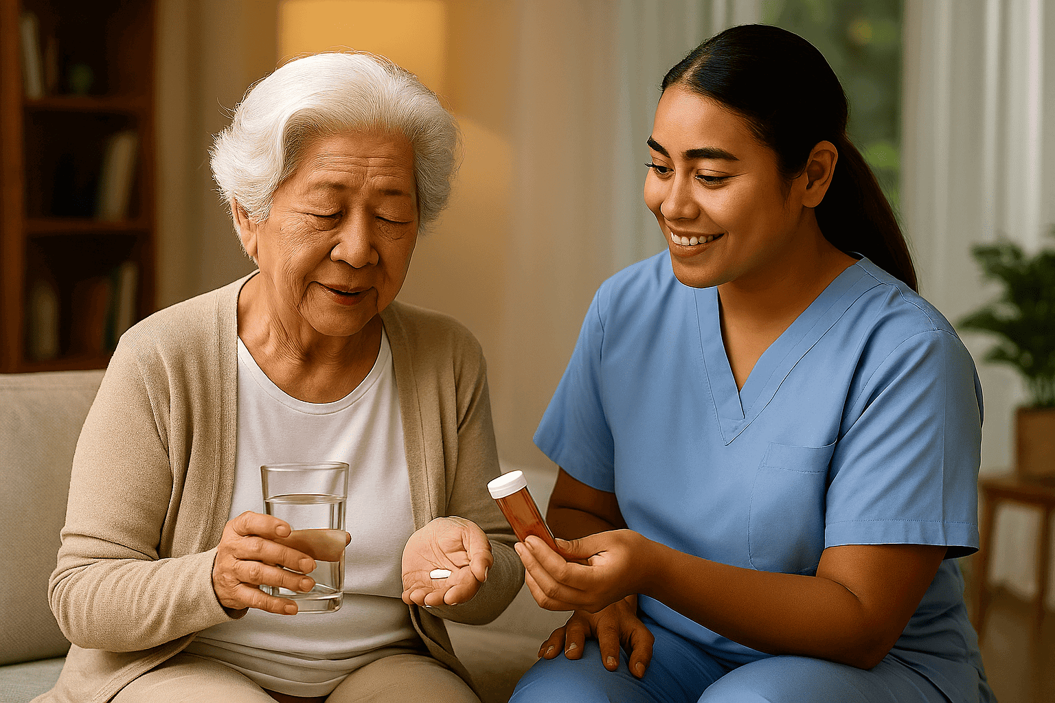 服藥輔助的醫護嫂子照顧老人飲水及藥物.