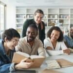 多元文化外國勞工在辦公室交流合作，展現21世紀全球外勞集團的多元與專業。.