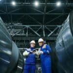 高科技工廠內兩名工人檢查鋼卷，展現專業技能與現代製造業環境。.