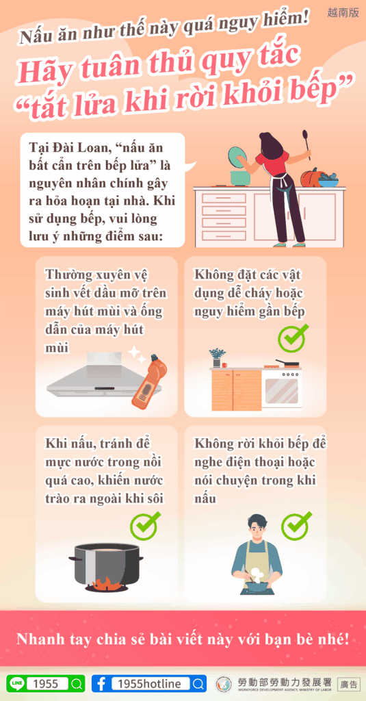 移工宣導｜這樣煮飯最危險！請遵循「人離火熄」守則-多國語示意圖