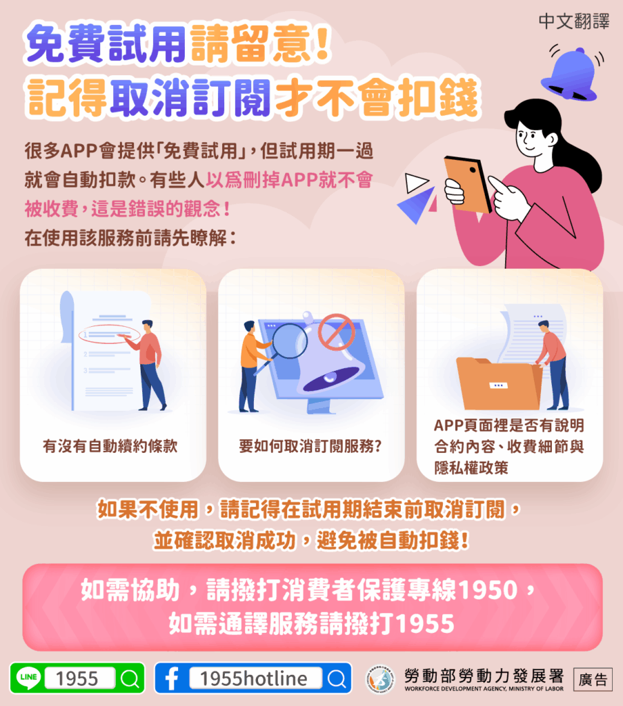 移工宣導｜免費試用請留意！記得取消訂閱才不會扣錢-多國語示意圖
