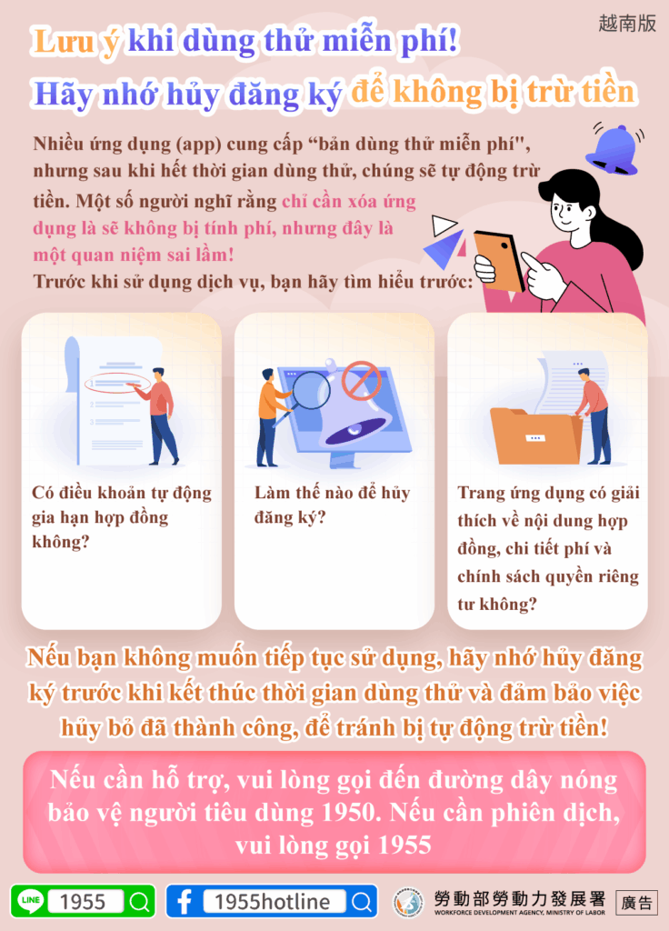 移工宣導｜免費試用請留意！記得取消訂閱才不會扣錢-多國語示意圖