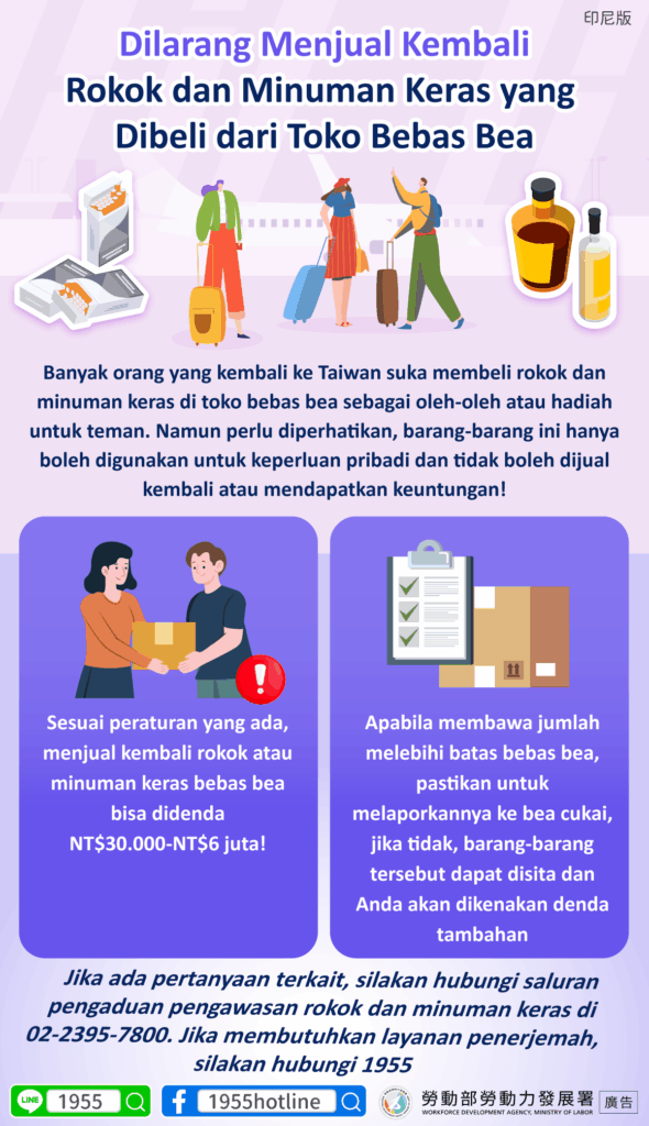 移工宣導｜免稅店買菸酒請勿轉售-多國語示意圖
