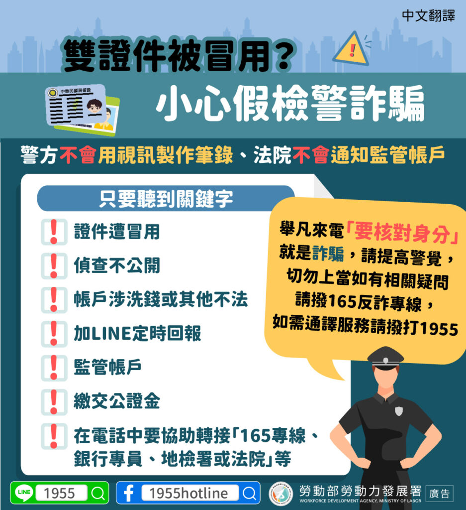 移工宣導｜雙證件被冒用？小心假檢警詐騙-多國語示意圖