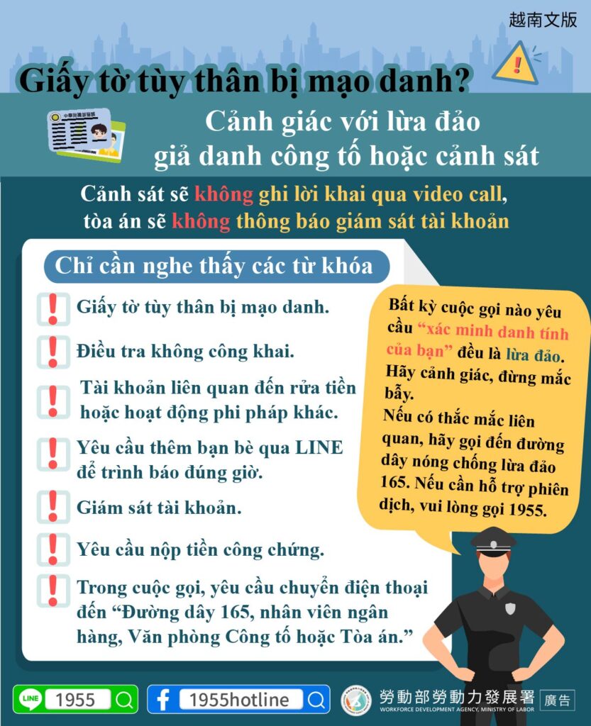 移工宣導｜雙證件被冒用？小心假檢警詐騙-多國語示意圖