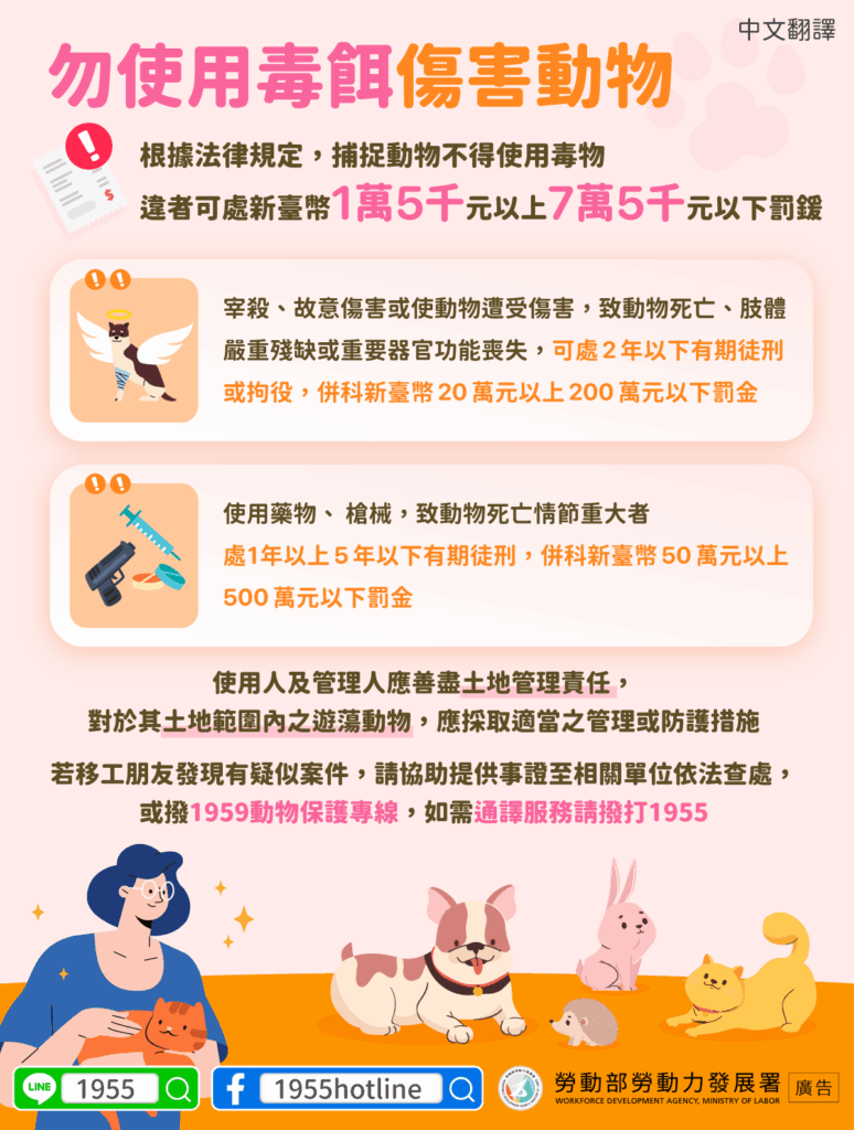 移工宣導｜勿使用毒餌傷害動物-多國語示意圖