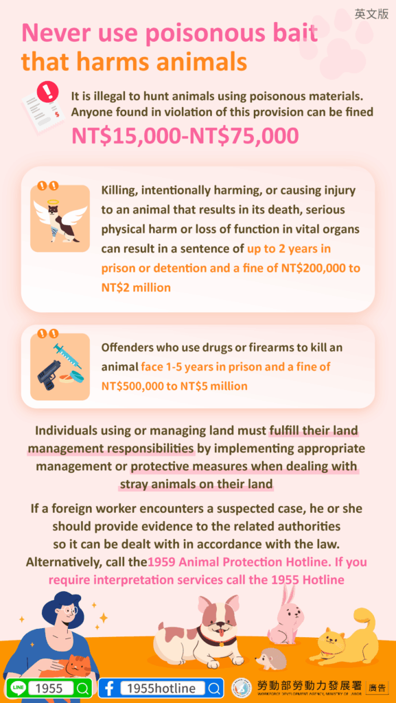 移工宣導｜勿使用毒餌傷害動物-多國語示意圖