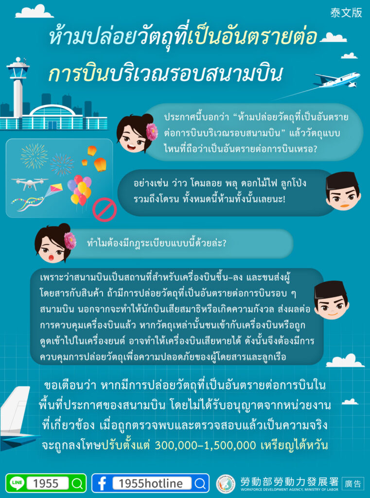 移工宣導｜機場四周禁止施放有礙飛航安全物體-多國語示意圖