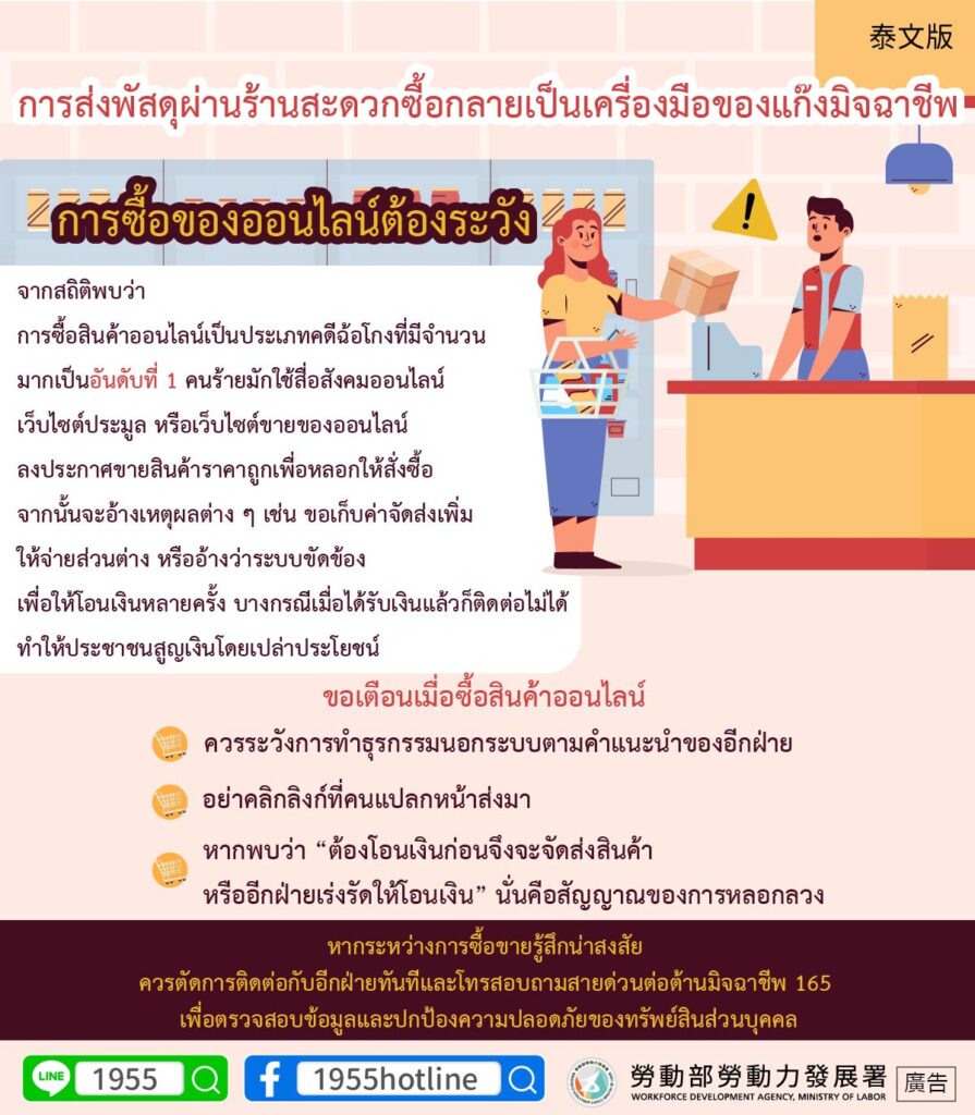 移工宣導｜超商物流程詐團工具 網路購物要小心-多國語示意圖