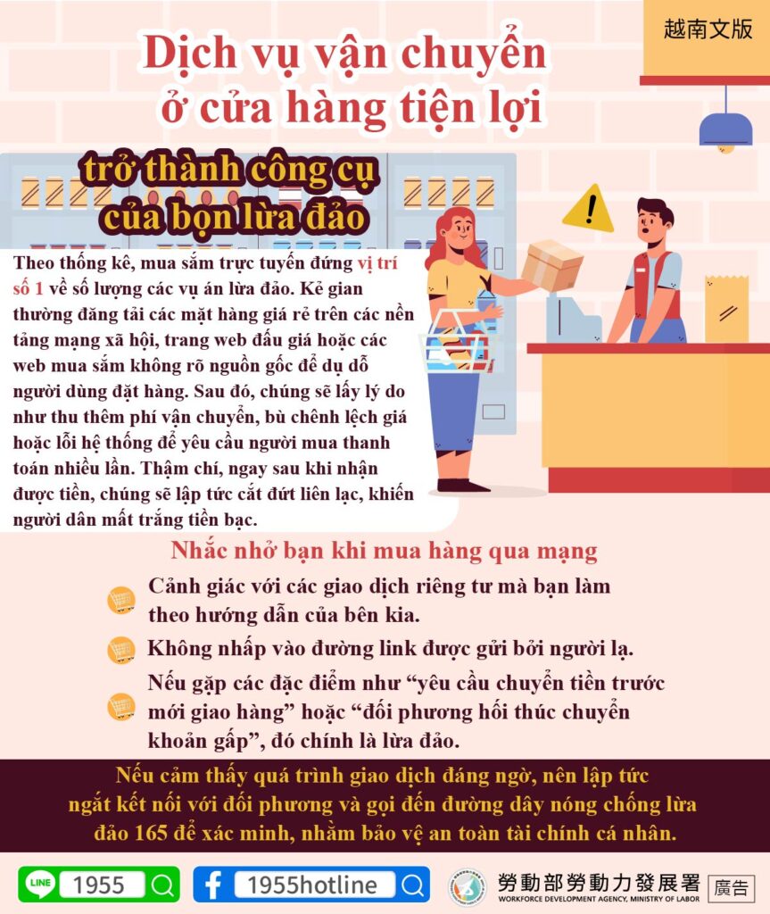 移工宣導｜超商物流程詐團工具 網路購物要小心-多國語示意圖