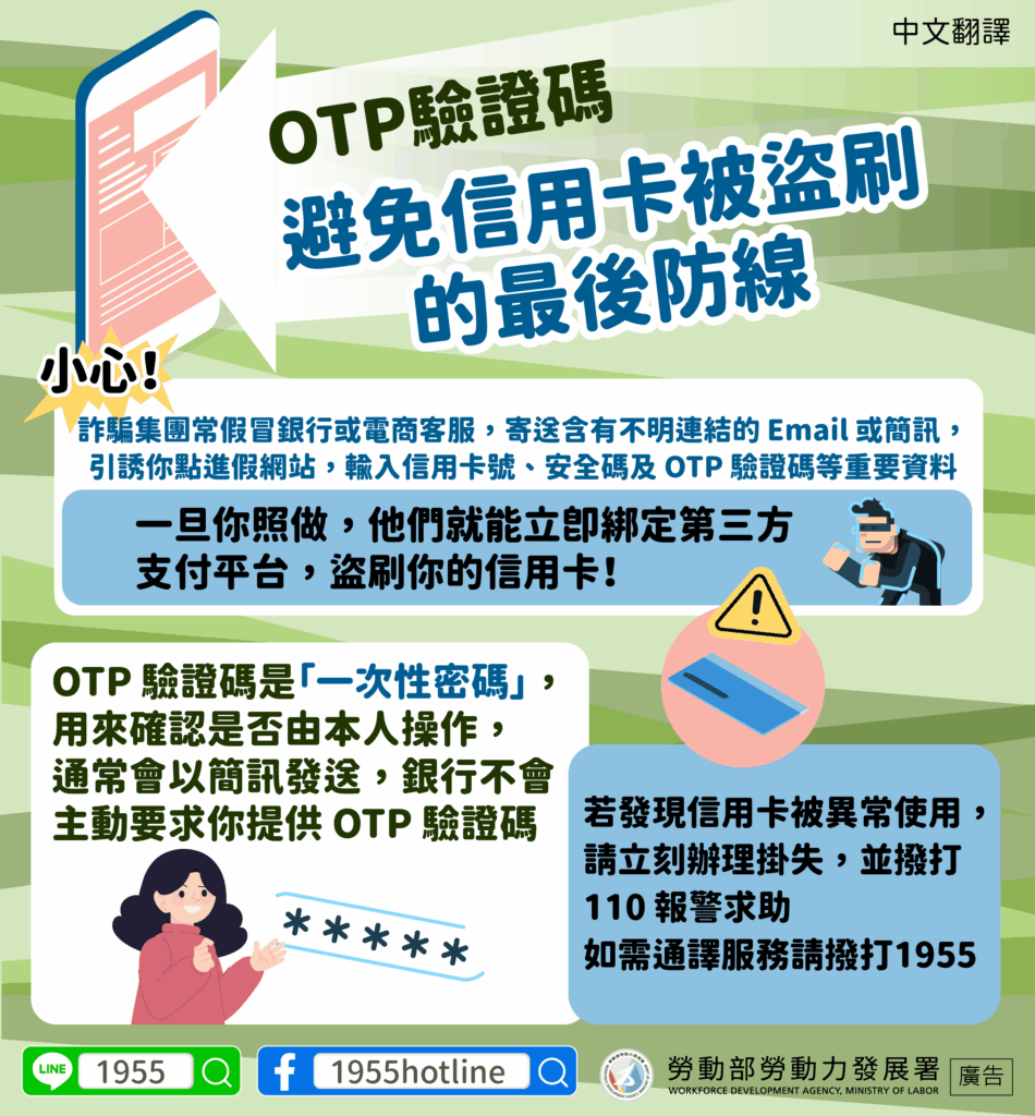 移工宣導｜OTP驗證碼-避免信用卡被盜刷的最後防線-多國語示意圖