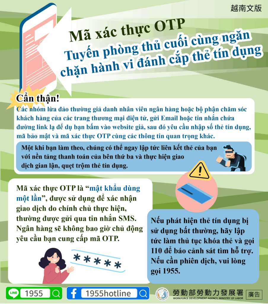 移工宣導｜OTP驗證碼-避免信用卡被盜刷的最後防線-多國語示意圖