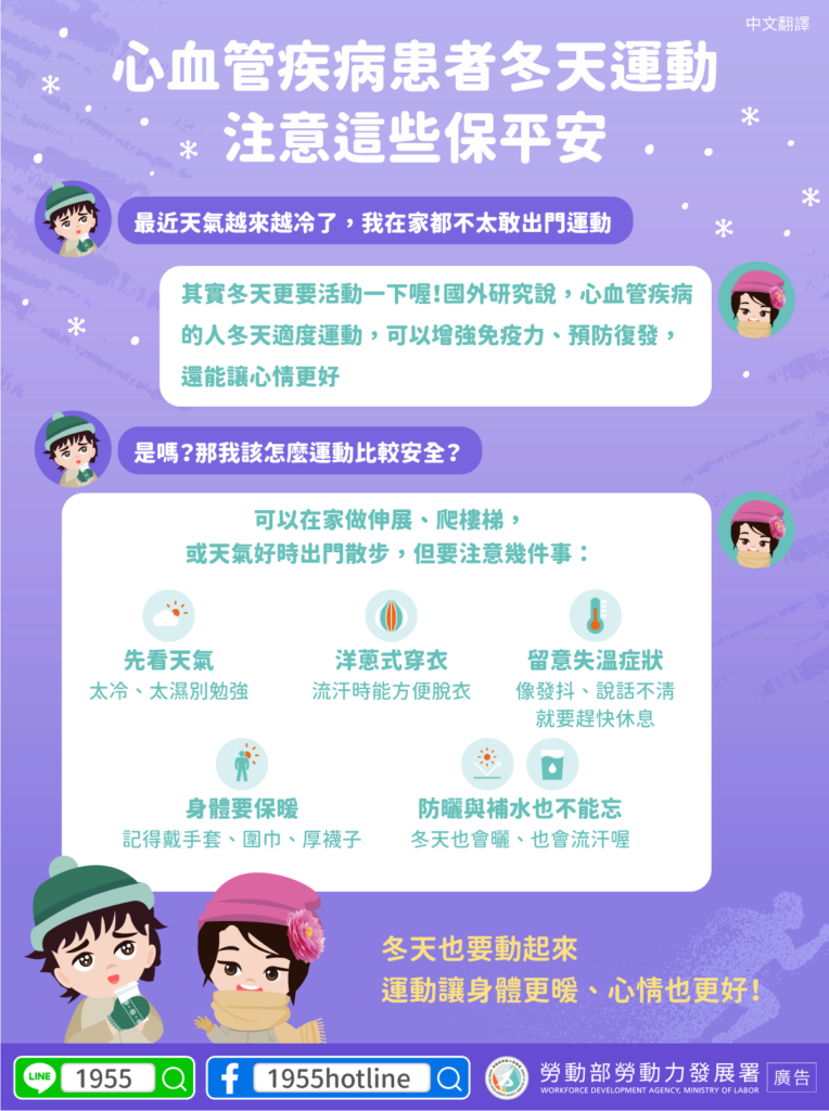 移工宣導｜心血管疾病患者冬天運動 注意這些保平安-多國語示意圖