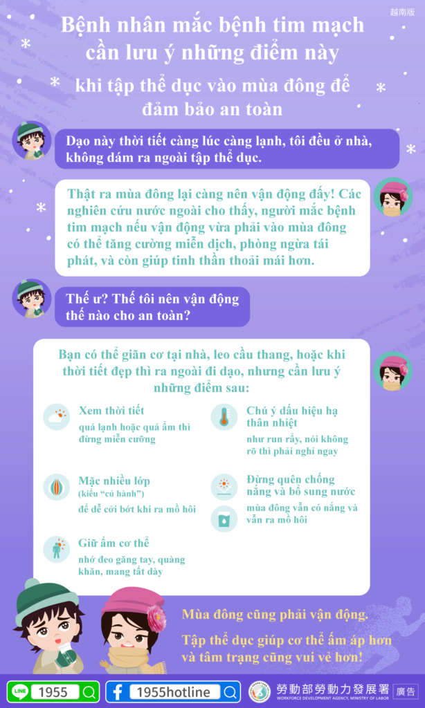 移工宣導｜心血管疾病患者冬天運動 注意這些保平安-多國語示意圖