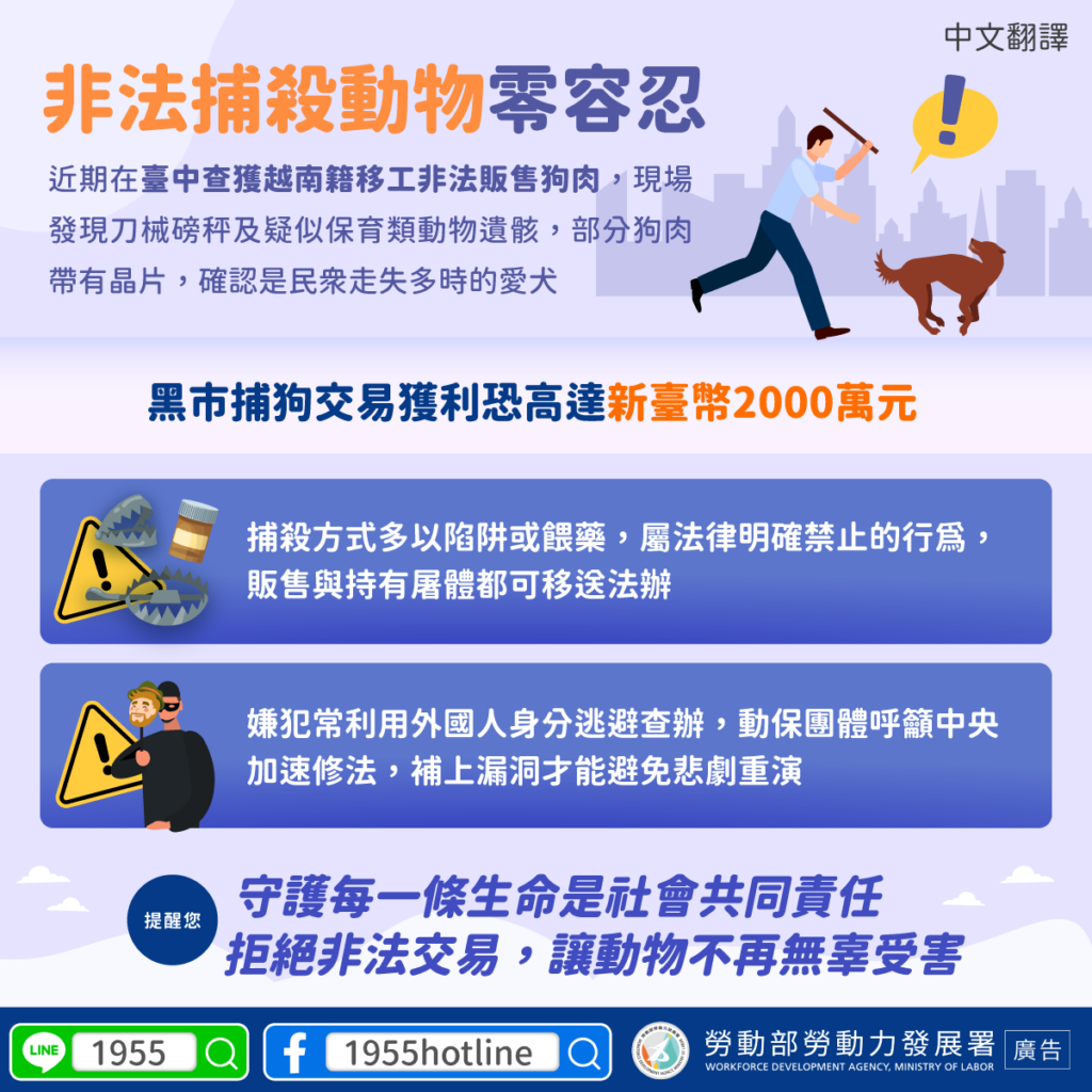 移工宣導｜非法捕殺動物零容忍-多國語言示意圖