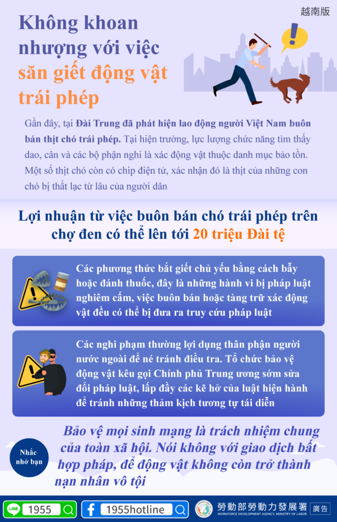 移工宣導｜非法捕殺動物零容忍-多國語言示意圖