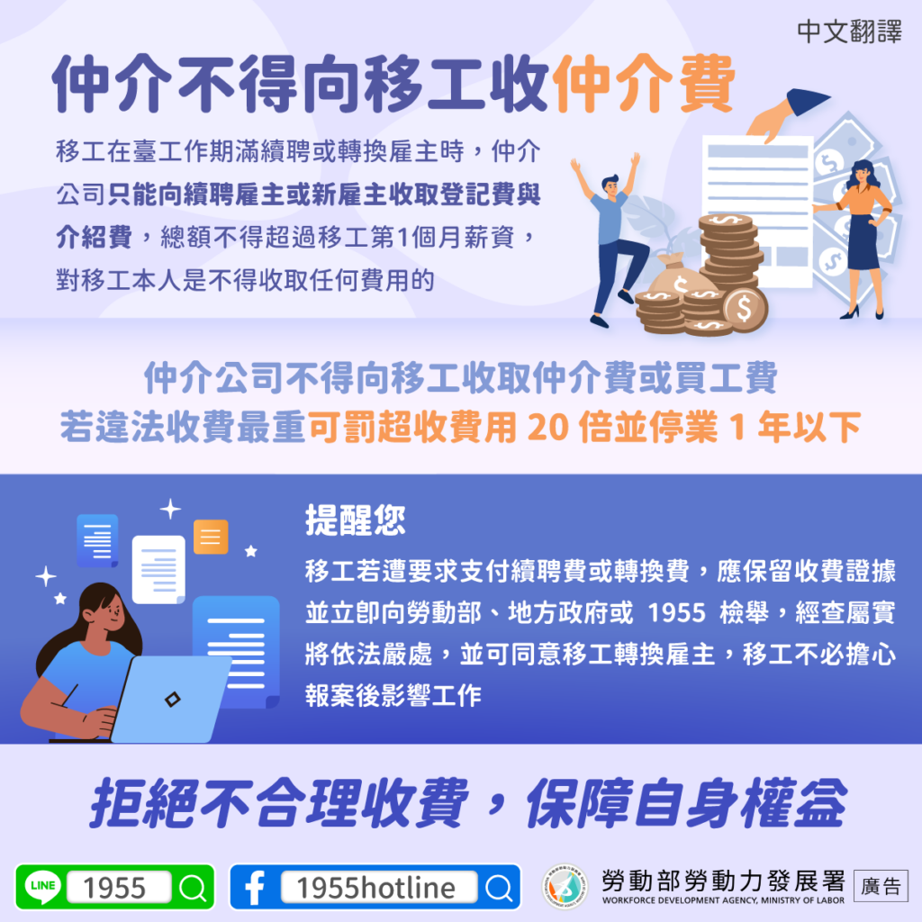 移工宣導｜仲介不得向移工收仲介費示意圖