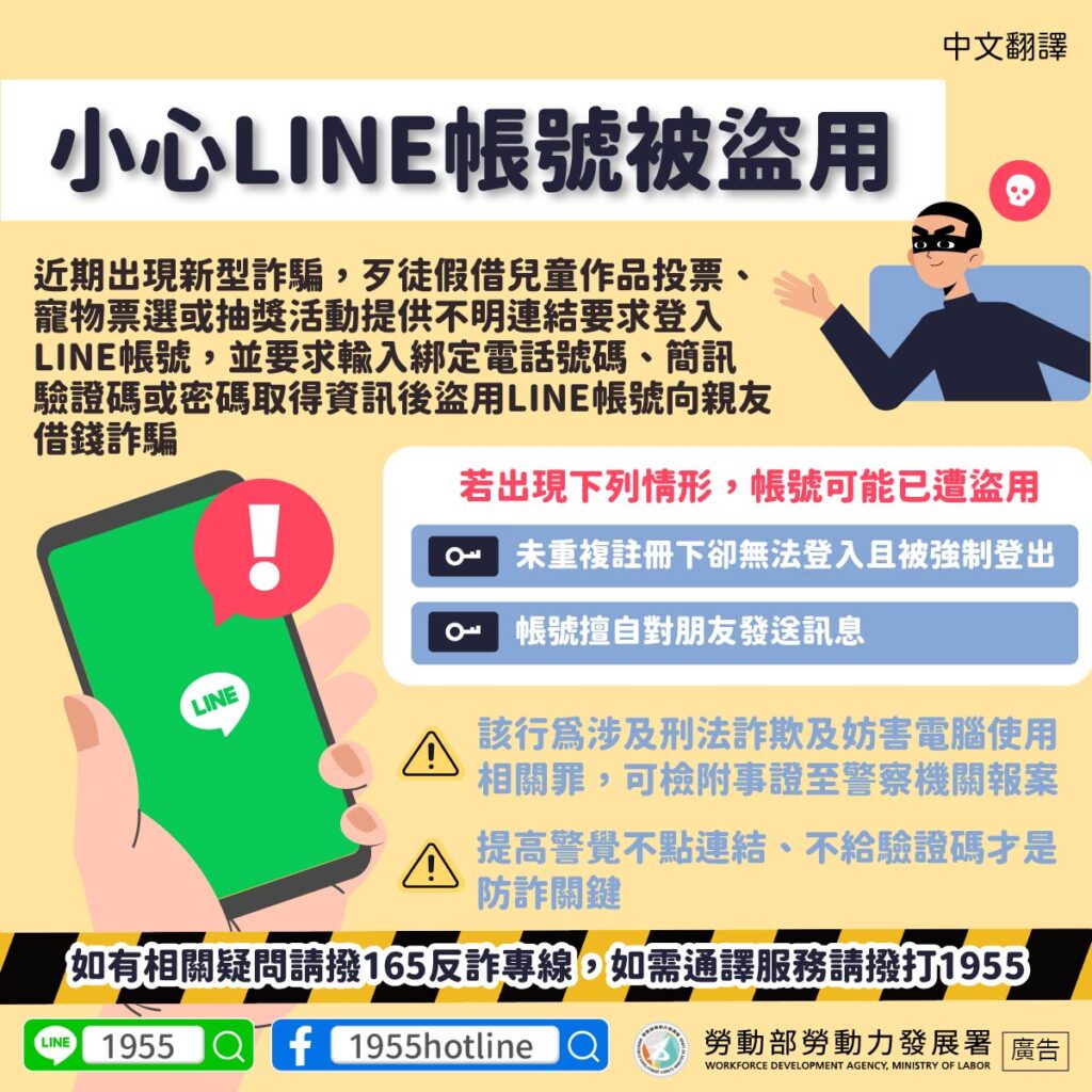 移工宣導｜小心LINE帳號被盜用-多國語示意圖