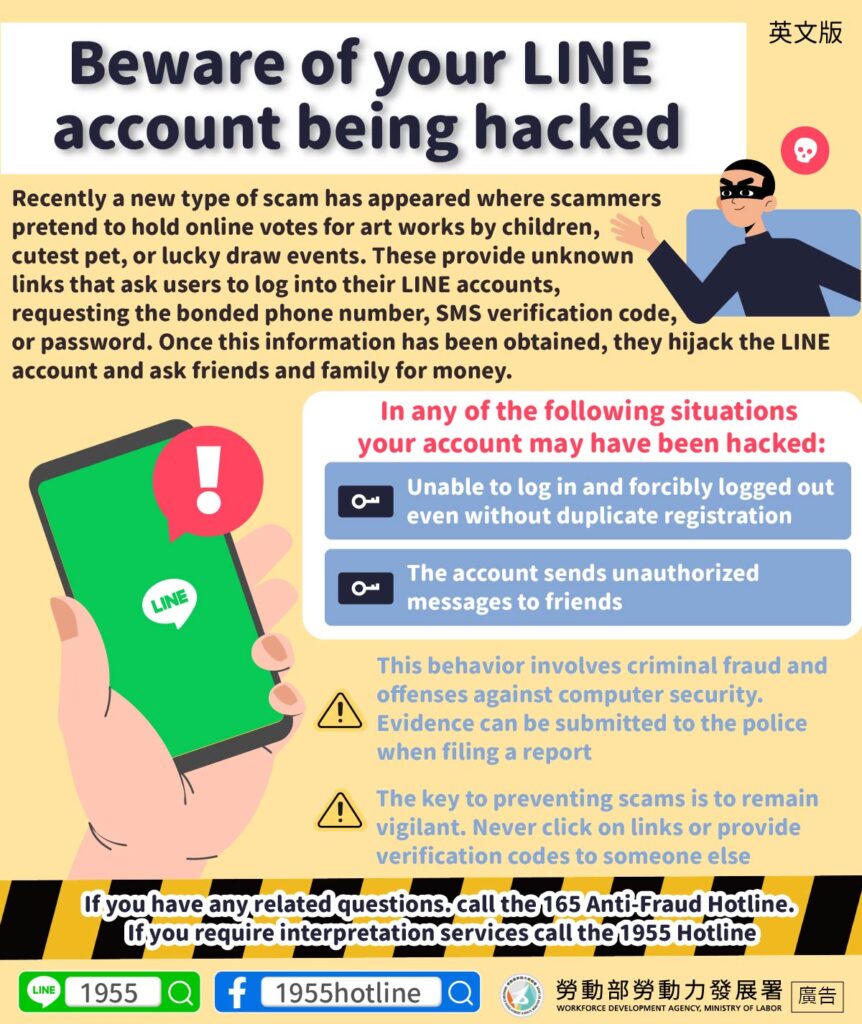 移工宣導｜小心LINE帳號被盜用-多國語示意圖