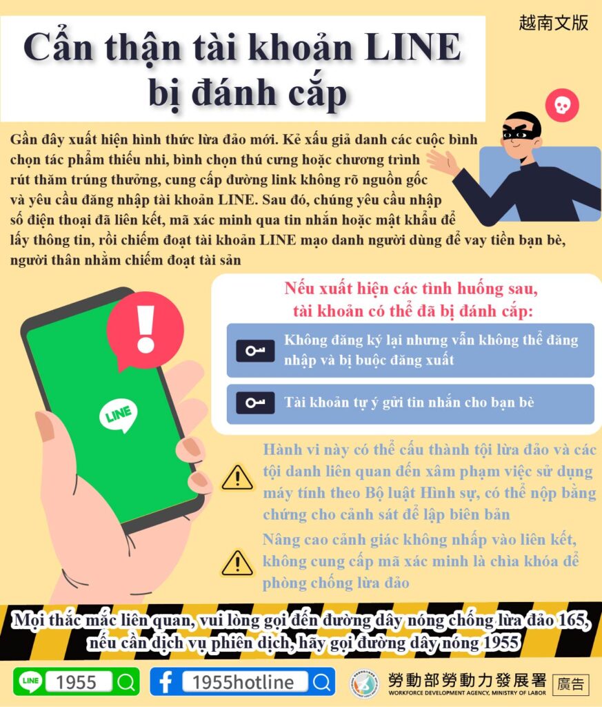 移工宣導｜小心LINE帳號被盜用-多國語示意圖