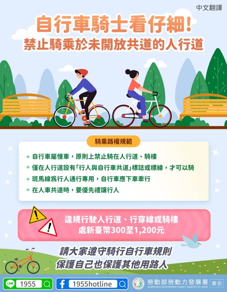 移工宣導｜自行車騎士看仔細! 禁止騎乘於未開放共道的人行道-多國語示意圖