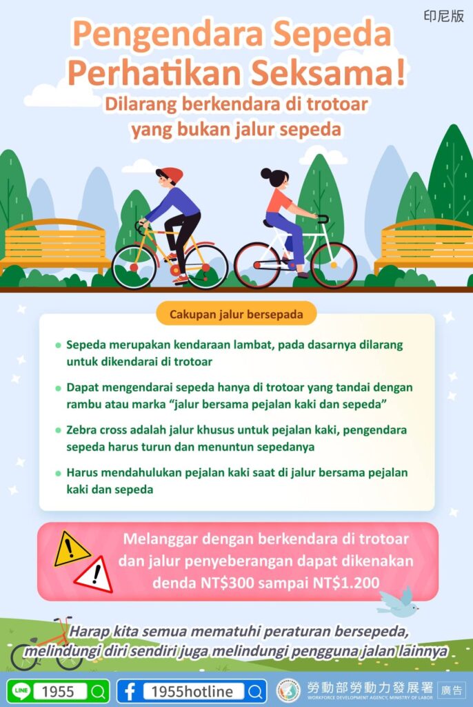 移工宣導｜自行車騎士看仔細! 禁止騎乘於未開放共道的人行道-多國語示意圖