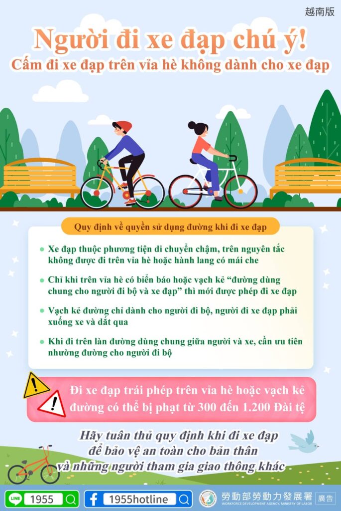 移工宣導｜自行車騎士看仔細! 禁止騎乘於未開放共道的人行道-多國語示意圖