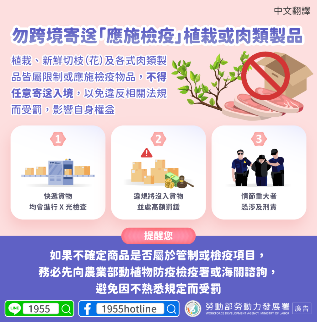 移工宣導｜勿跨境寄送「應施檢疫」植栽或肉類製品-多國語示意圖