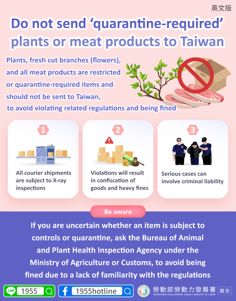 移工宣導｜勿跨境寄送「應施檢疫」植栽或肉類製品-多國語示意圖