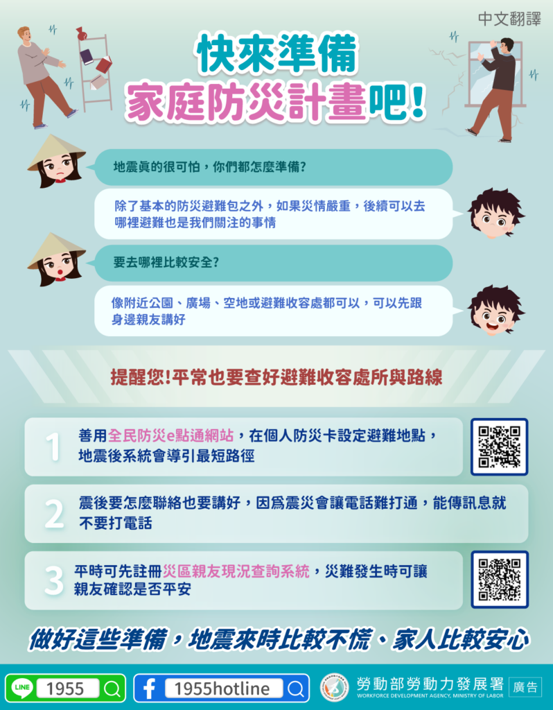 移工宣導｜快來準備家庭防災計畫吧！-多國語示意圖