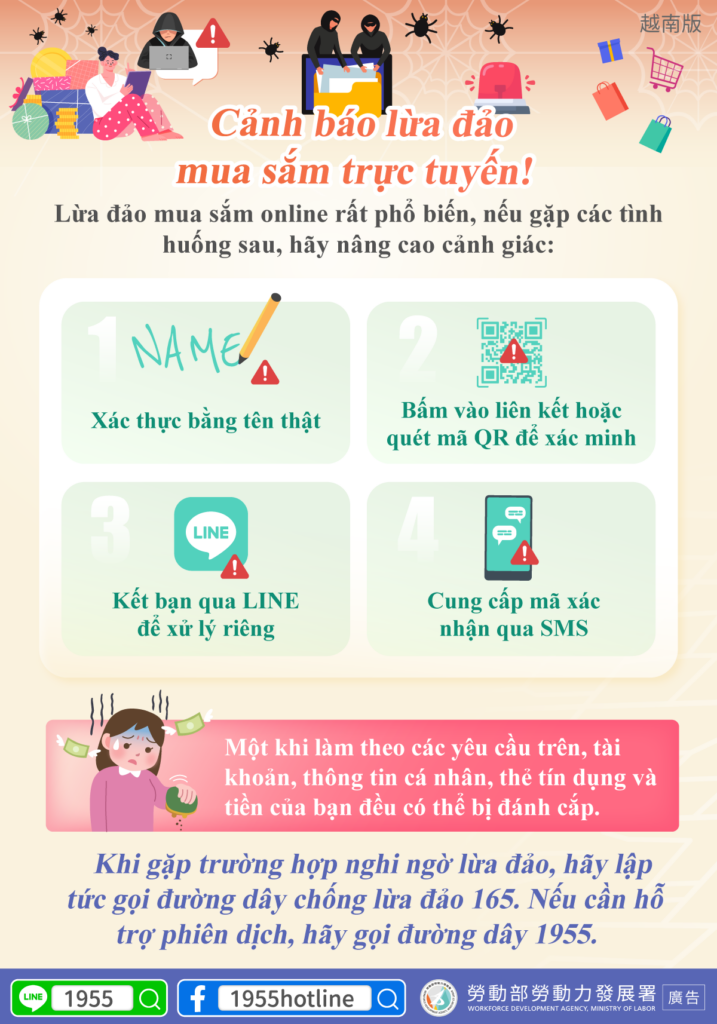 移工宣導｜網購詐騙警報！-多國語示意圖