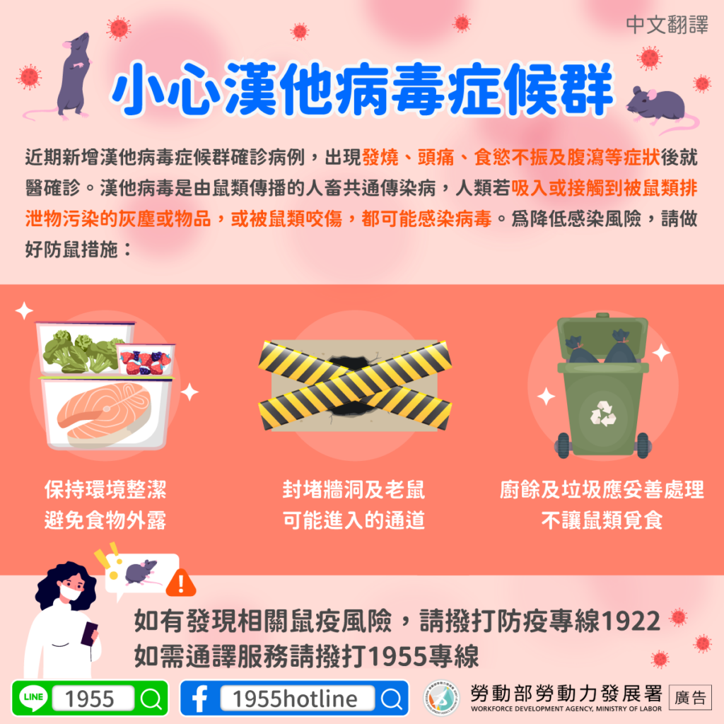 移工宣導｜小心漢他病毒症候群-多國語示意圖